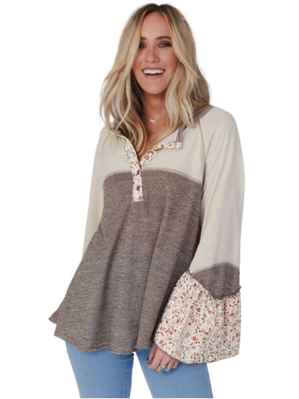 POL Large Better With You Boho Bell Sleeve Henley Top Patchwork Prairie Cottage